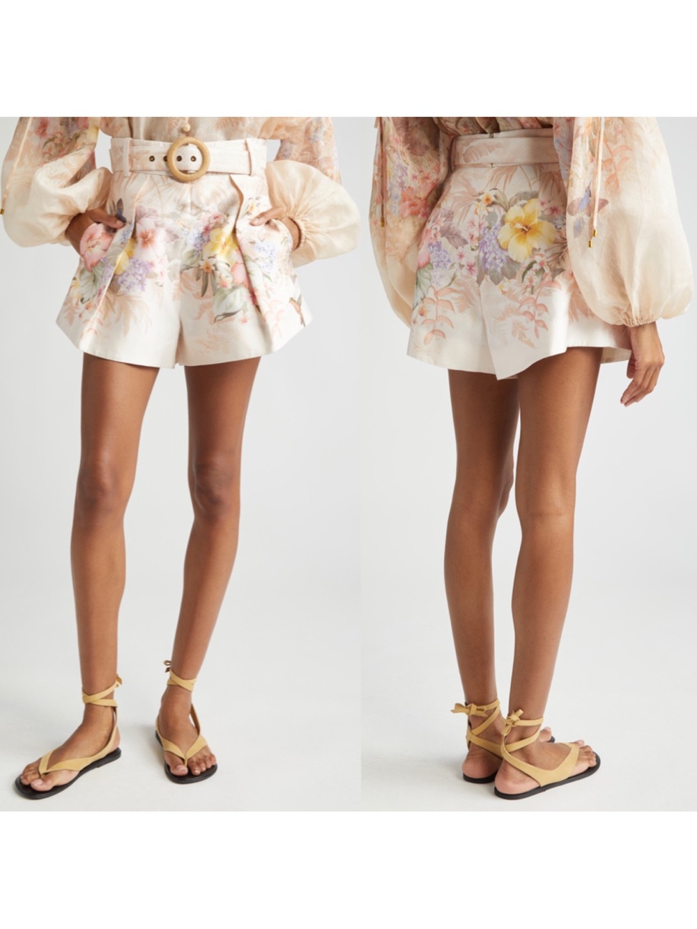 Zimmermann Illuminate Tropical Floral Belted Silk Blend Tuck Shorts Ivory 4 NWT